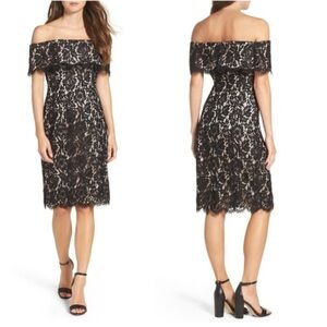 Eliza J Off Shoulder Black Lace Overlay on Nude Sheath Dress 6 EUC